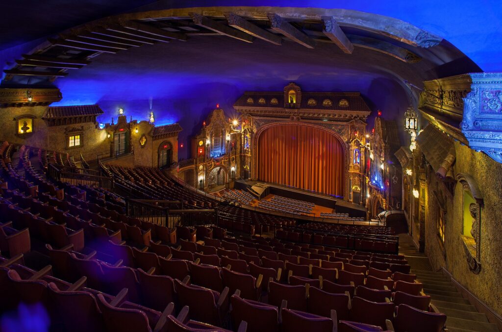 wide view of a stage from up in a balcony