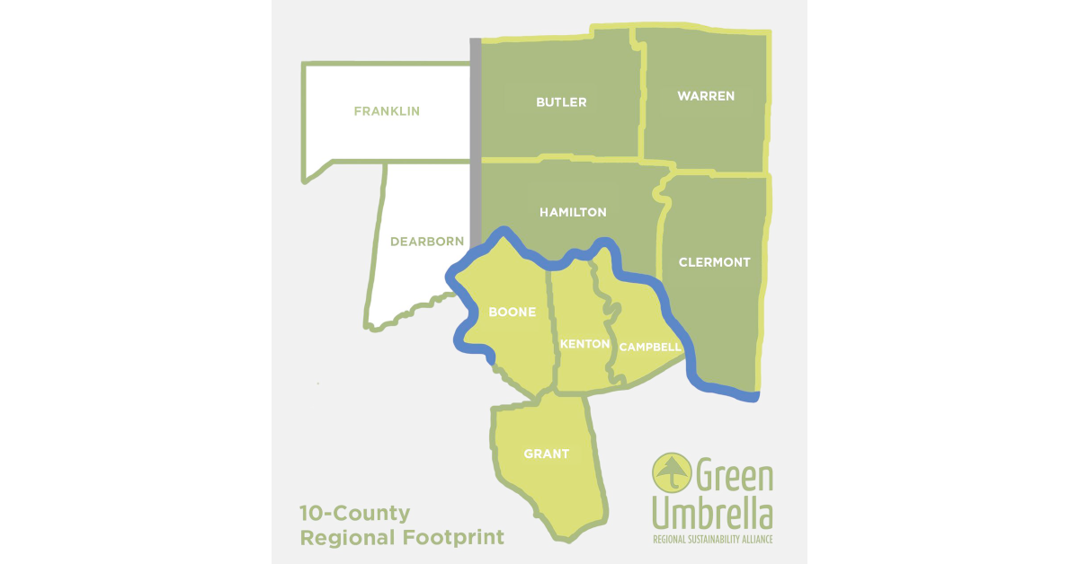 map of ten counties in ohio reached by green umbrella: franklin, butler, warren, dearborn, hamilton, clermont, boone, kenton, campbell, grant