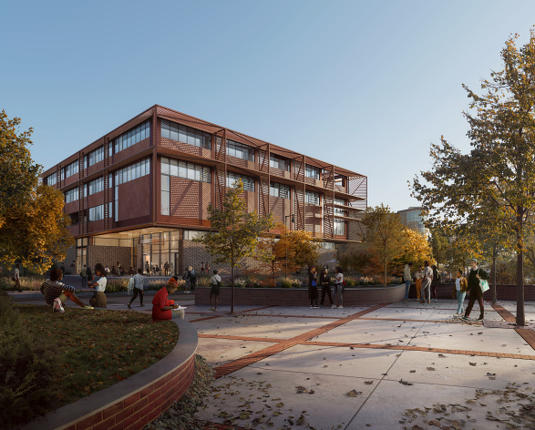 view of building rendering from exterior with trees and students walking past